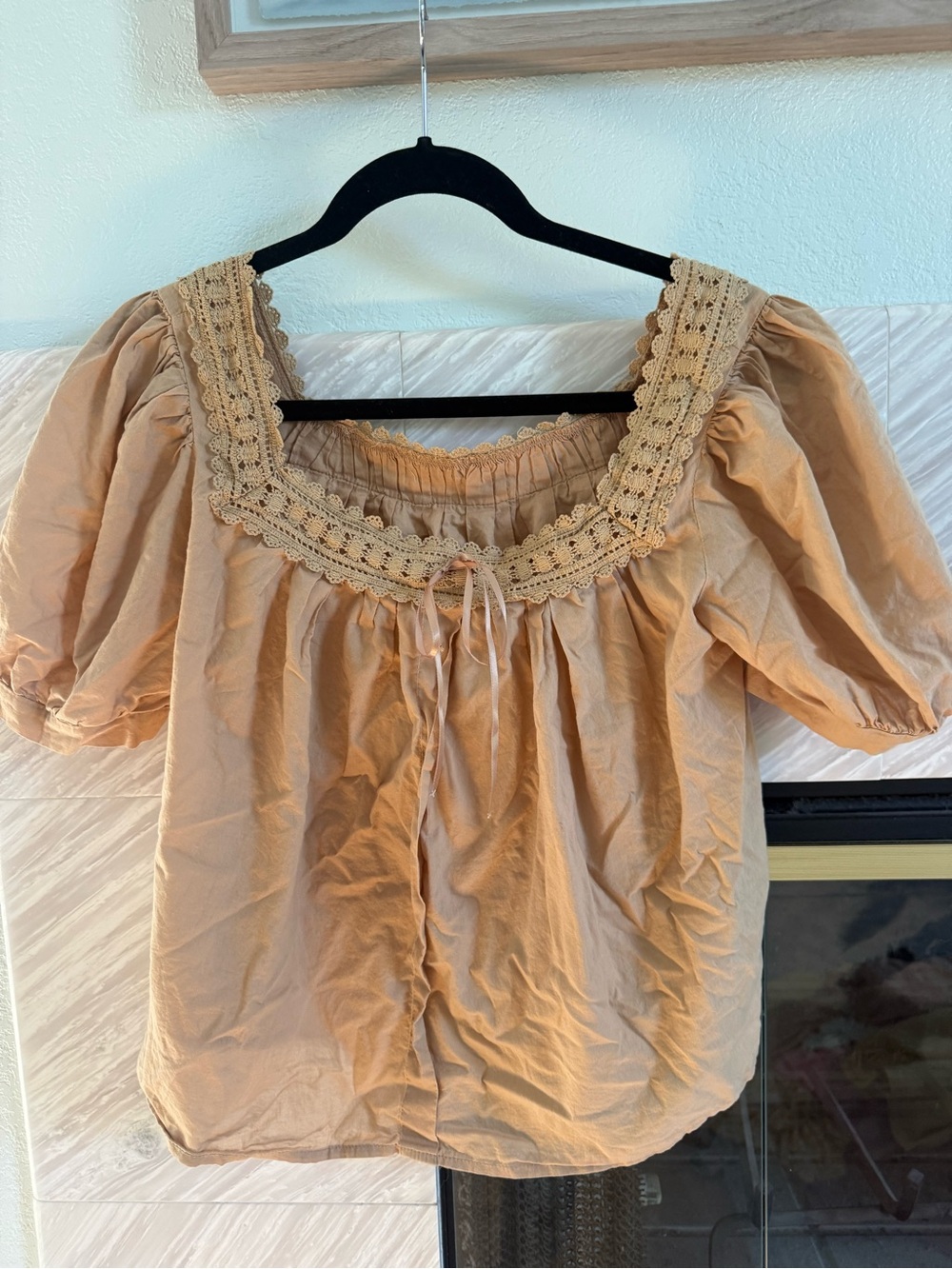 DÔEN inspired handmade Peasant Blouse with Lace Square Neck - Beige